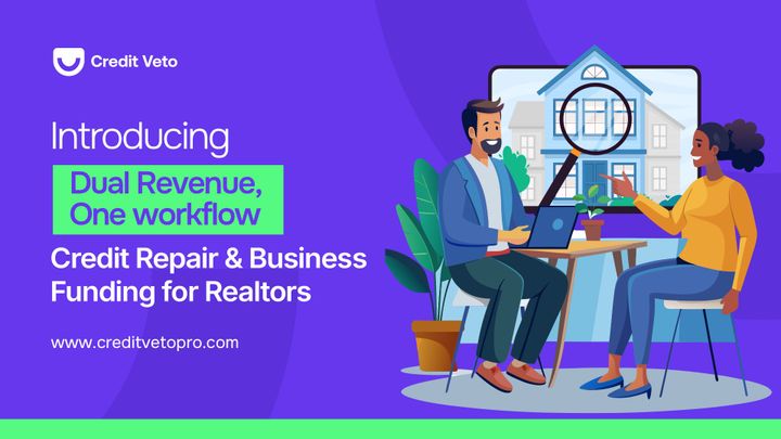 Digital illustration of a real estate agent happily attending to his client and providing both credit repair and business funding.