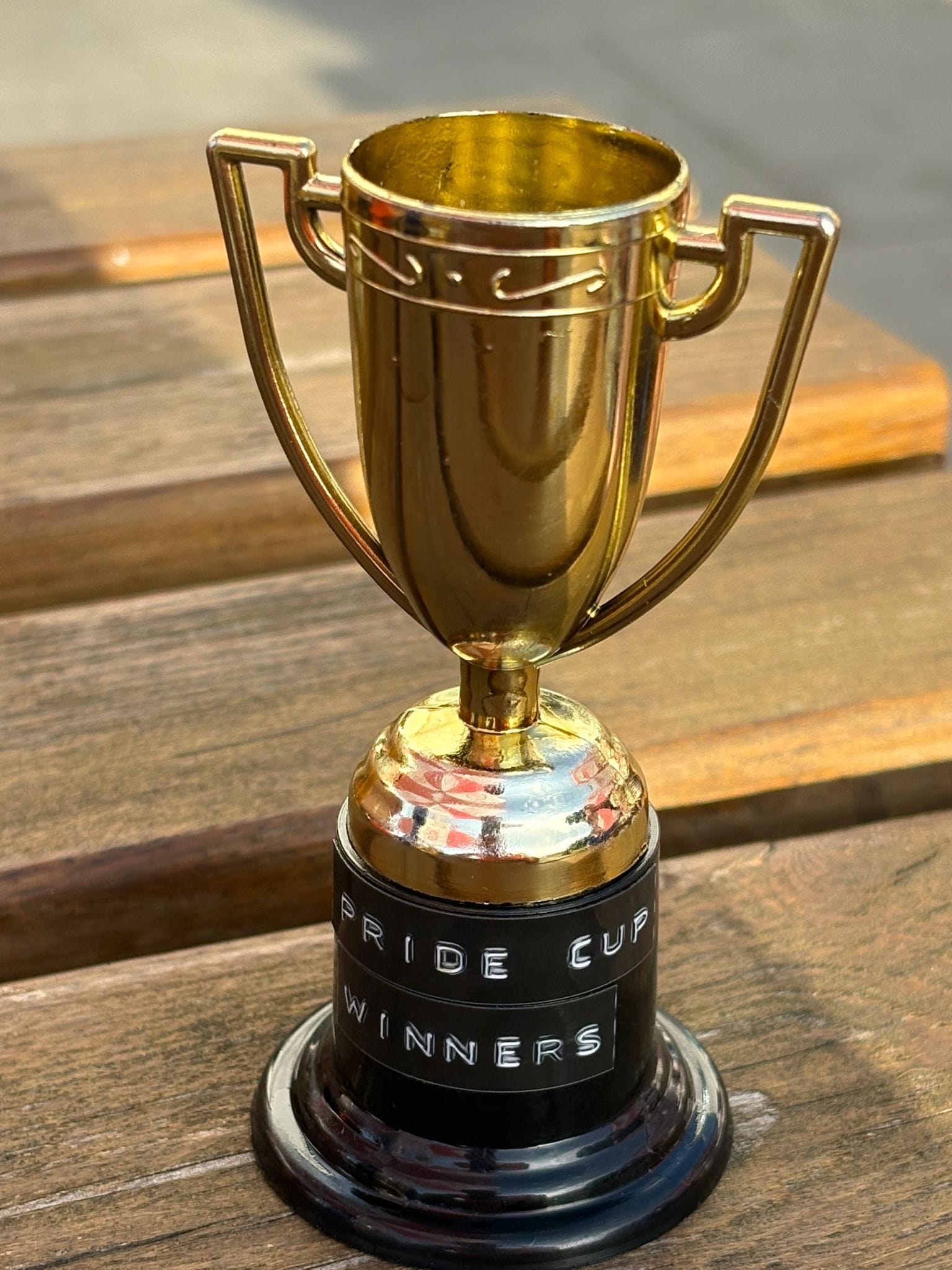 Close up of the trophy. On the base reads Pride Cup Winners