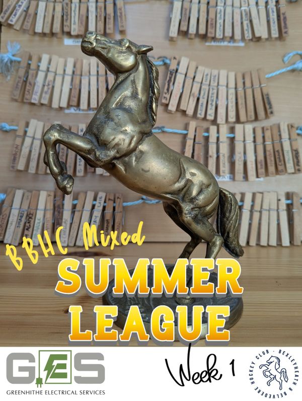 Headline reads BBHC Mixed Summer League over a photo of a bronze statue of a horse on its hind legs. In the background is a peg board 