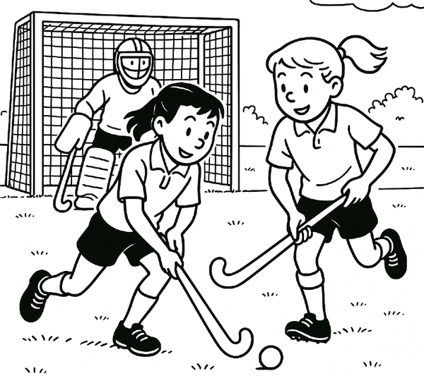 Illustration of smiling children playing hockey. A goalkeeper is in the background
