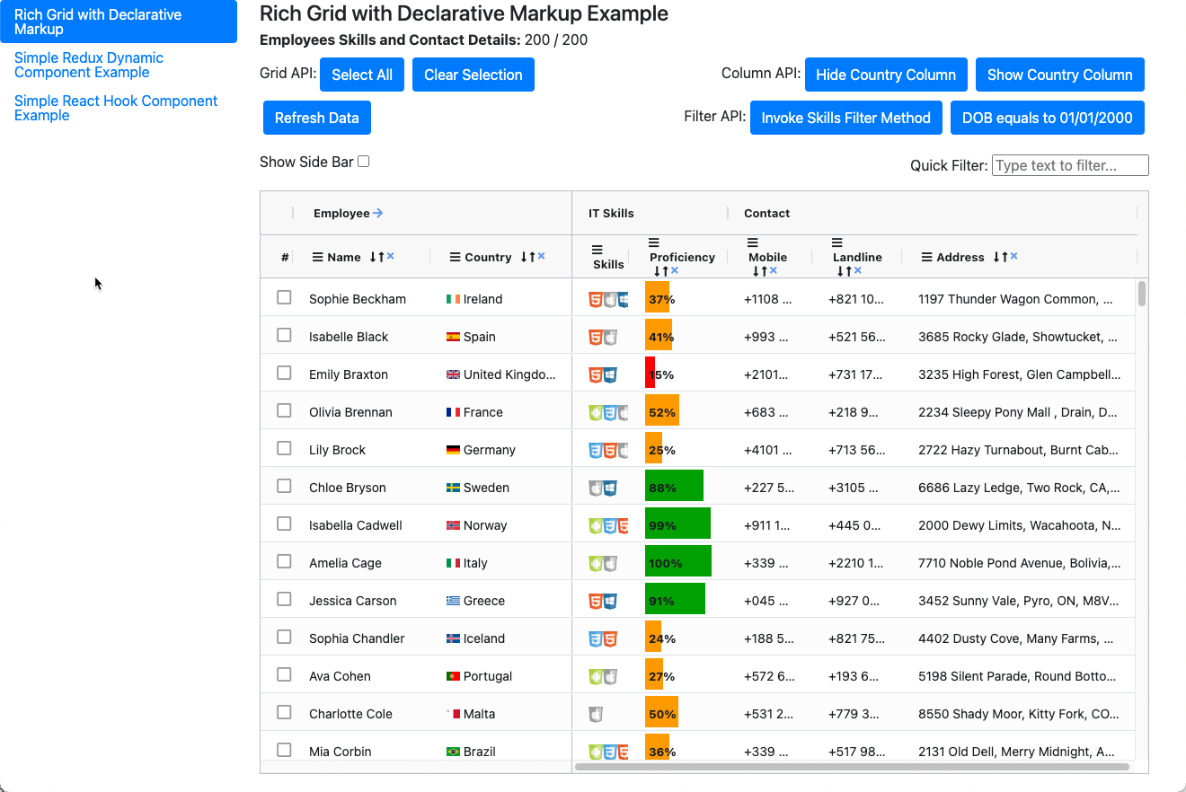 React Data Grid configured by declarative markup