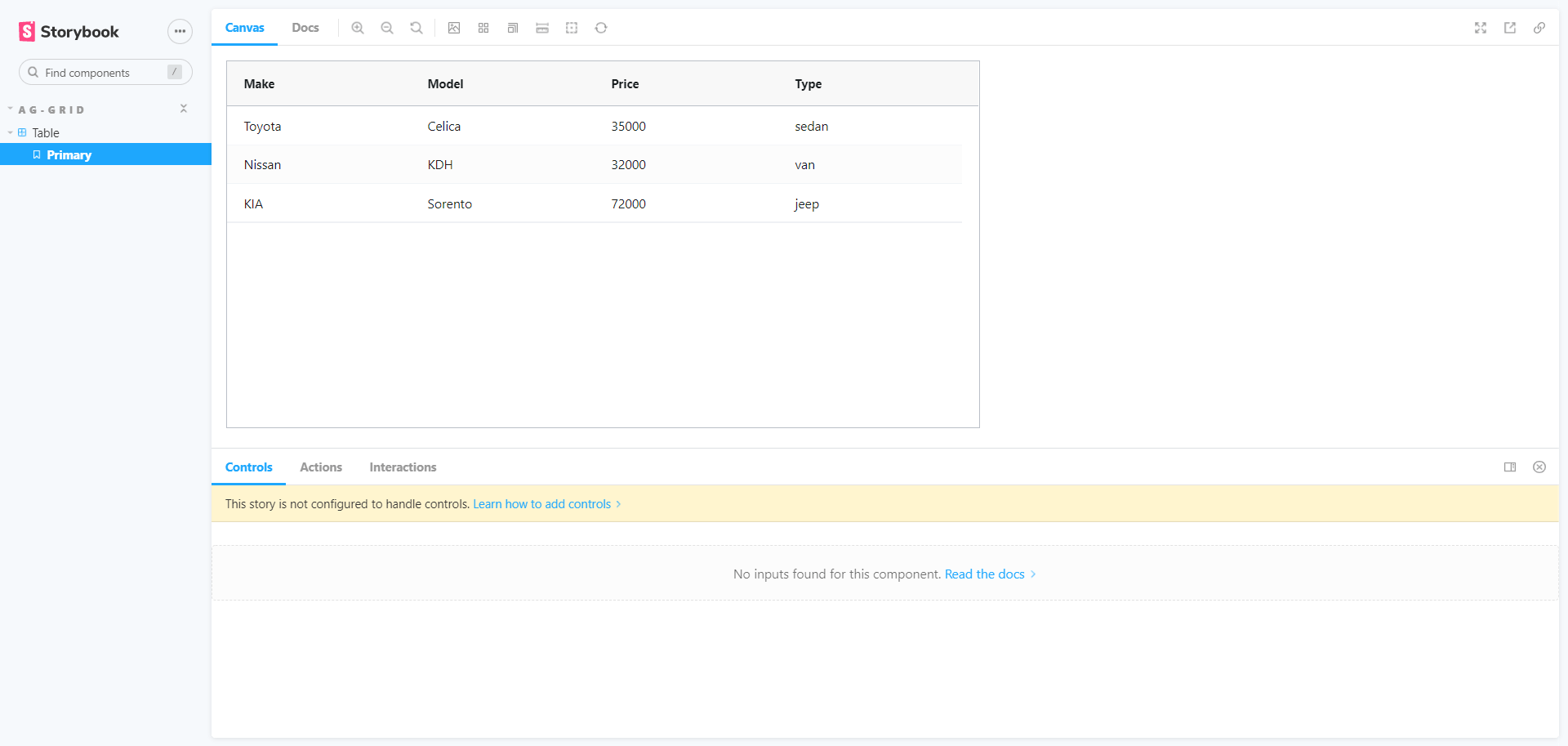 Storybook AG Grid component