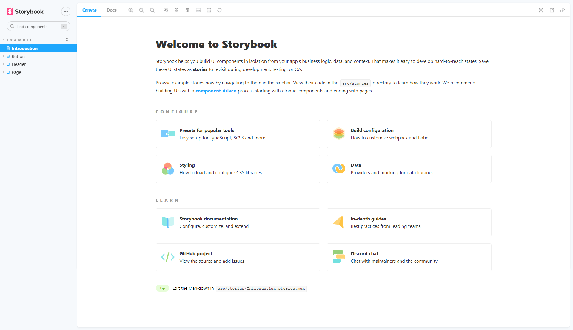 Storybook initial page