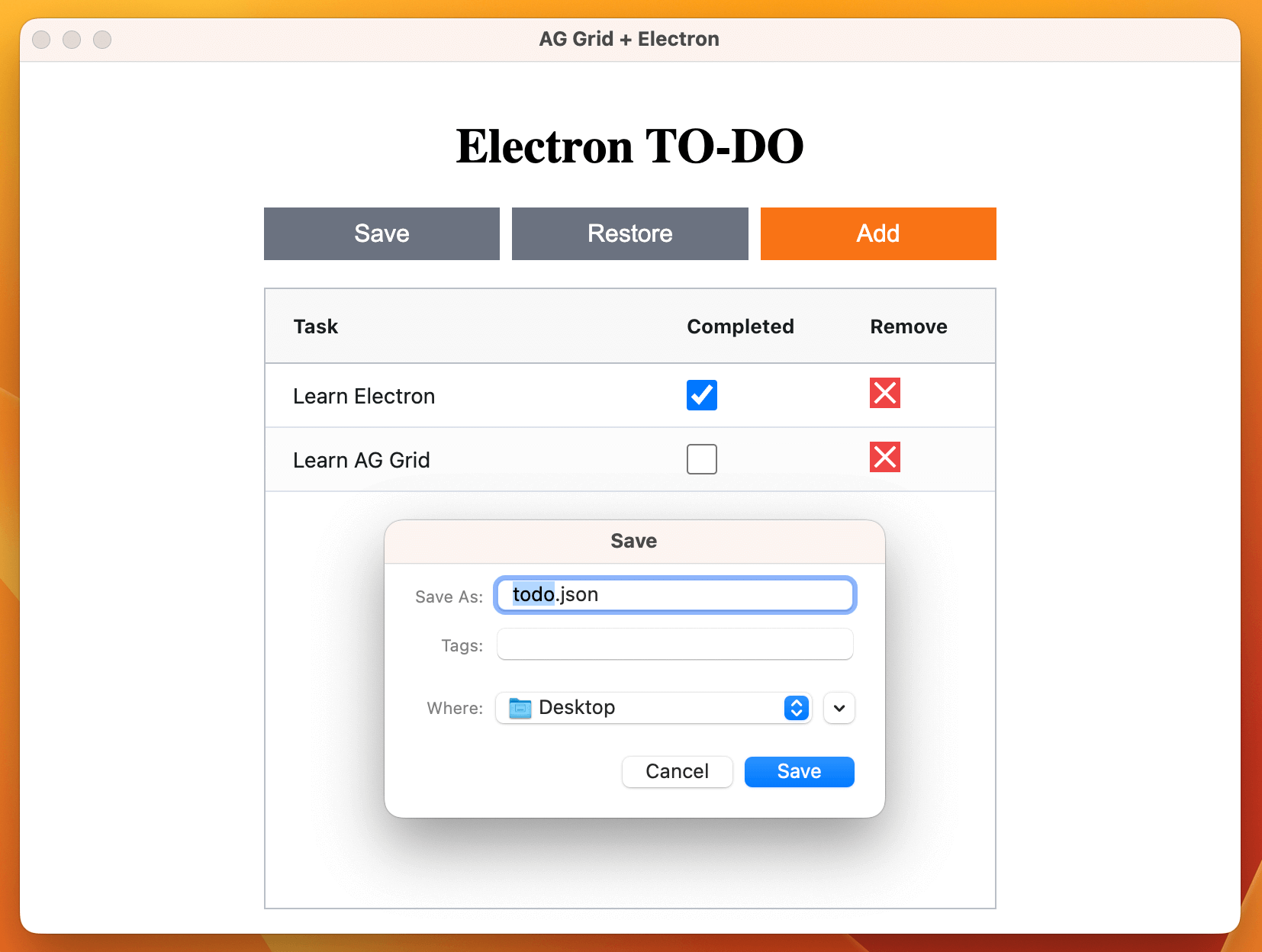 Native file save dialog