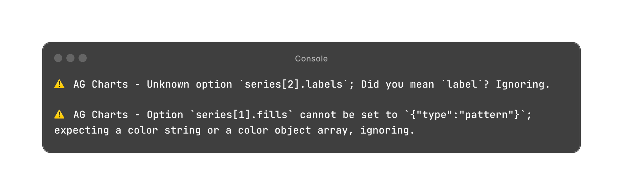 Options Validation Console Warnings & Suggestions in AG Charts JavaScript Charts