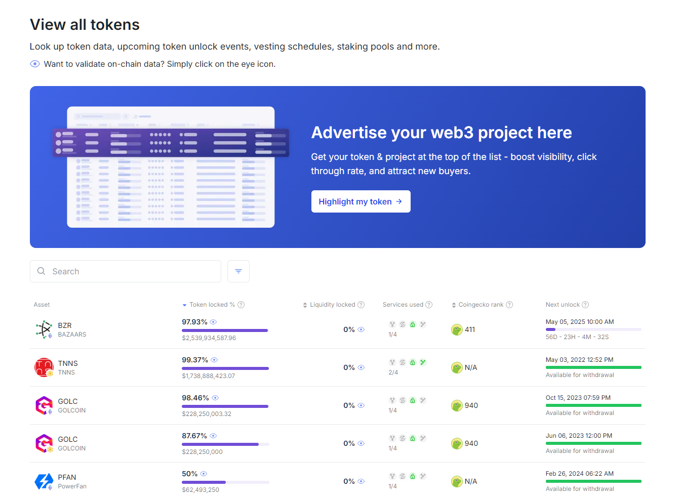 Liquidity, Services, Ranking, Unlocks for Coins
