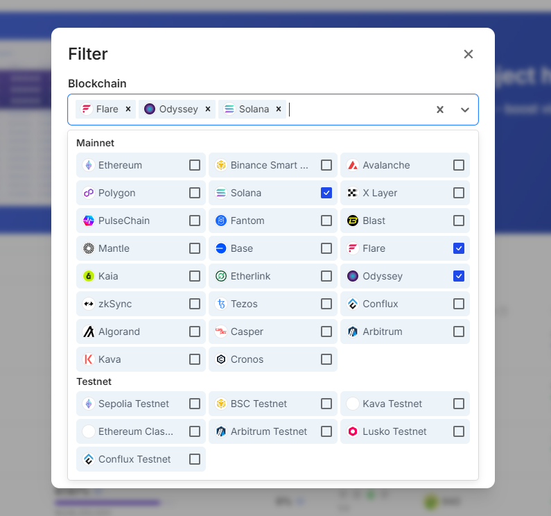 Flare, Base, Solana, Polygon and more blockchains available