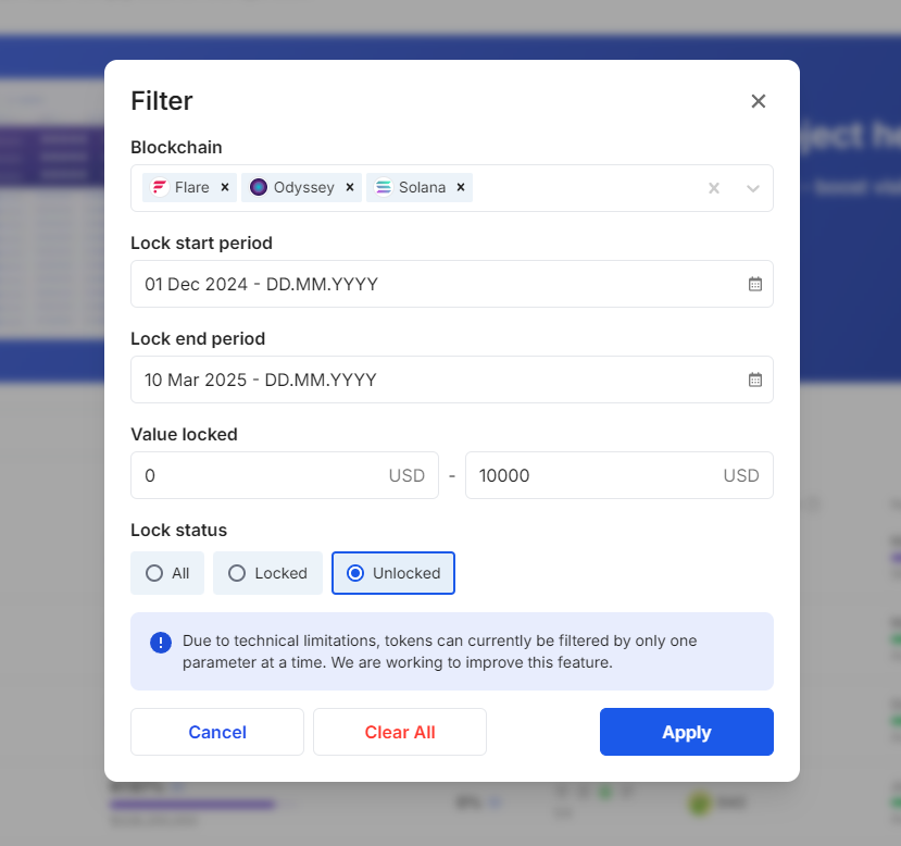 Token lock status, period, and blockchain data
