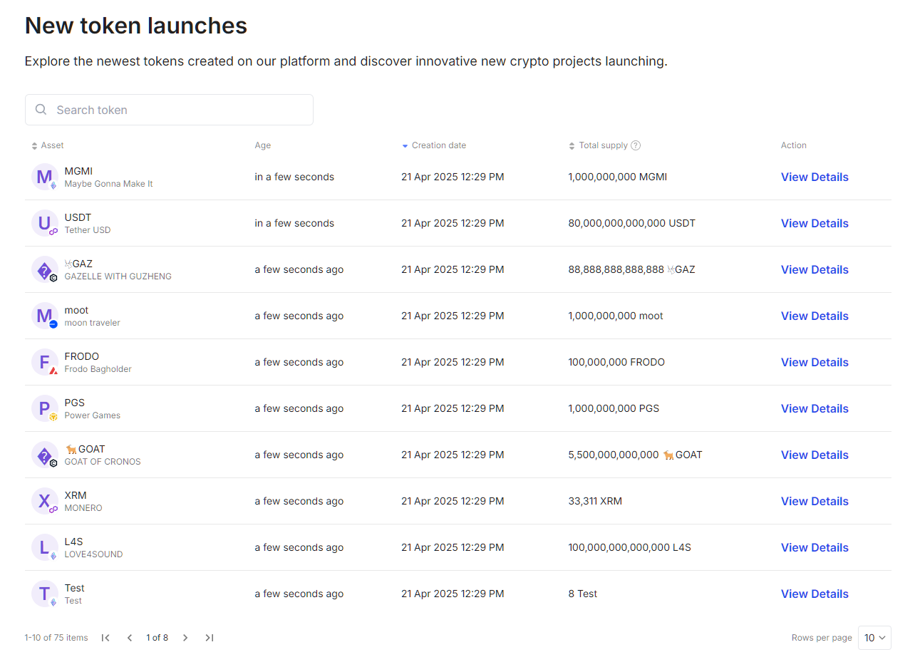 New crypto coin list table - with new coins every few seconds