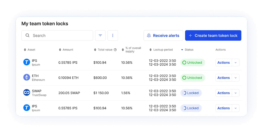 Admin dashboard for team token locks