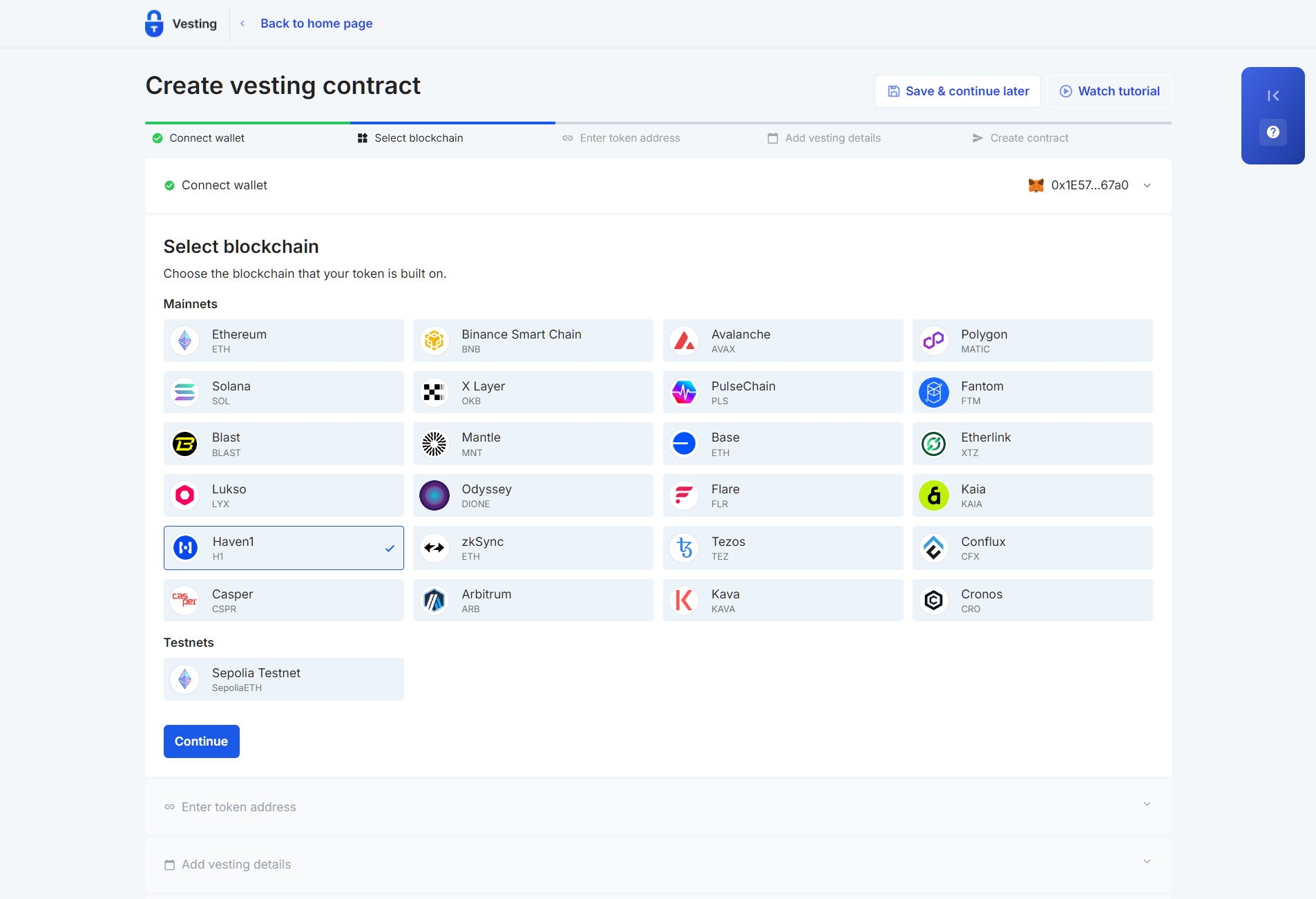 Token Vesting App with chains like Etherlink, Polygon, Kaia, and Kava
