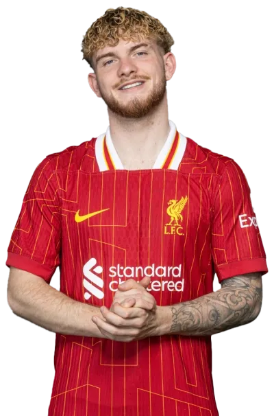 A portrait of Harvey Elliott wearing the red Liverpool home shirt.