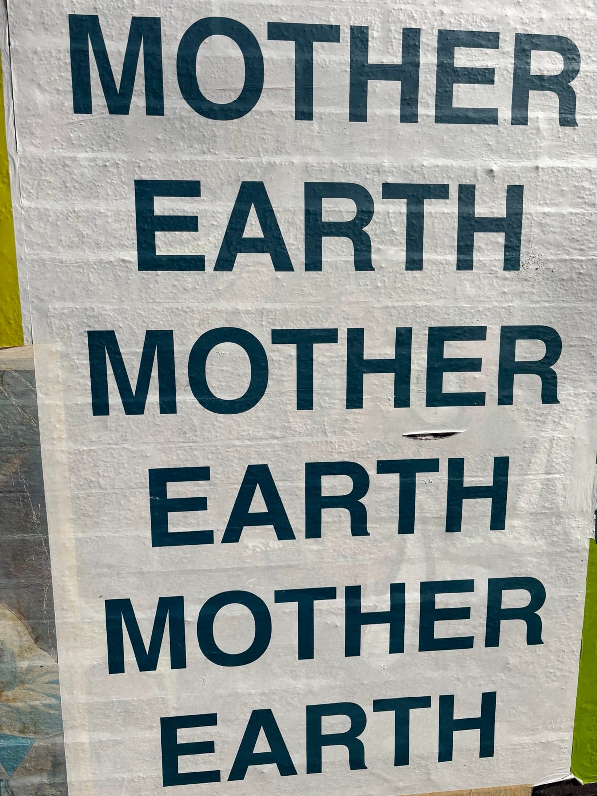 poster on brick that says MOTHER EARTH MOTHER EARTH MOTHER EARTH in a basic, sans-serifed font, all caps