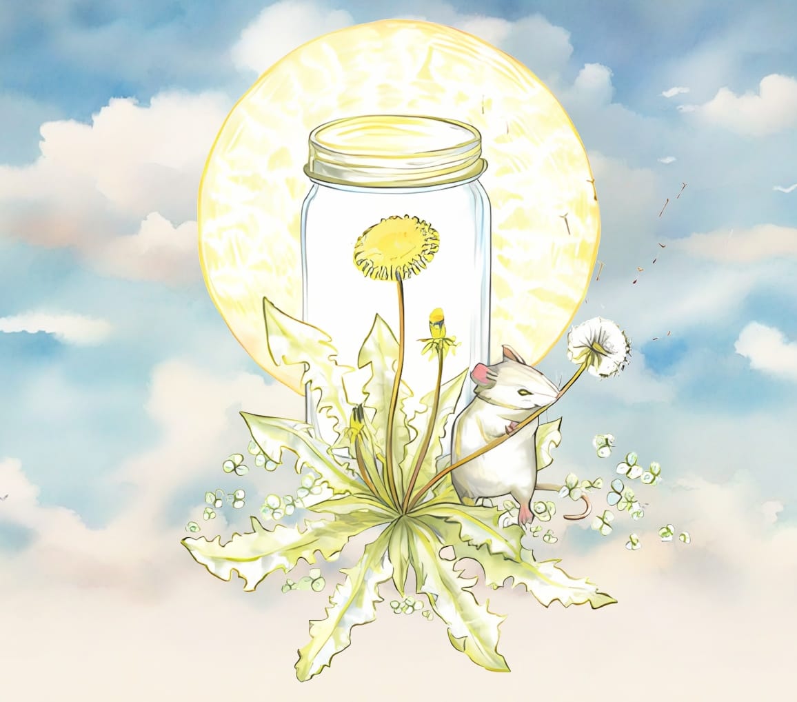 Illustration of a mouse eating the stem of a dandelion that's gone to seed. In the center there is a yellow dandelion with a jar behind it, and behind that is the sun.