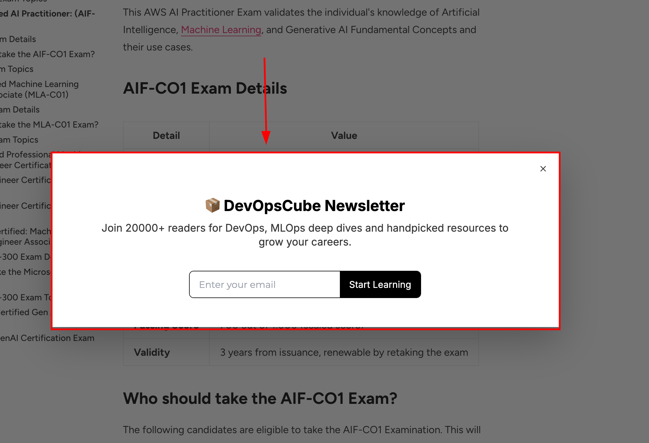 pop-up newsletter signup form in the blog post
