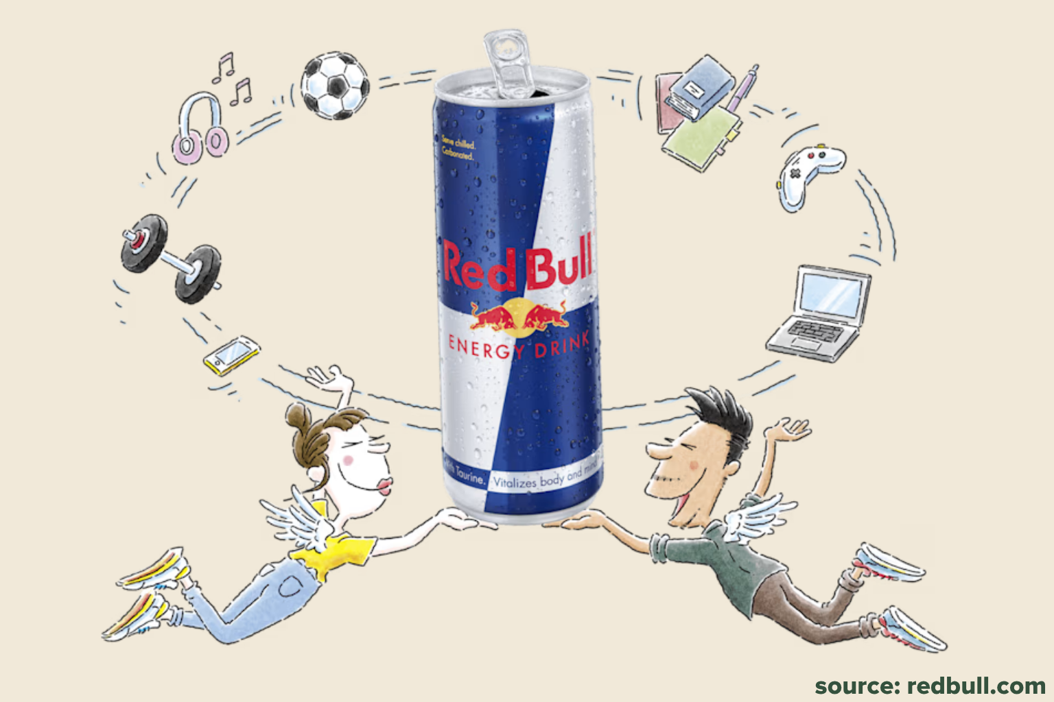 Red Bull energy drink connected to sports, music, gaming, fitness, and lifestyle