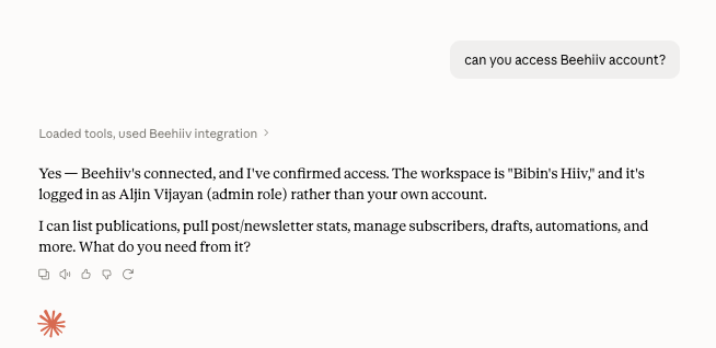 Claude confirming access to the connected Beehiiv account