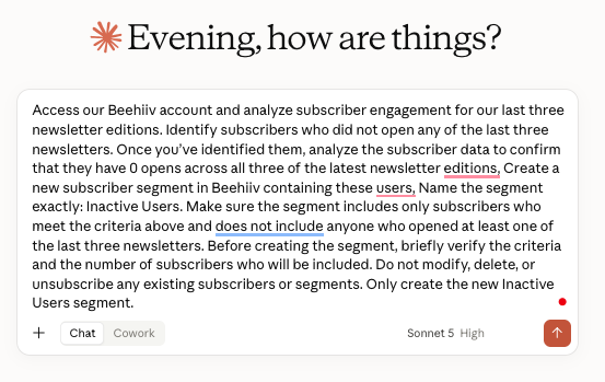Prompt asking Claude to create an inactive subscriber segment in Beehiiv