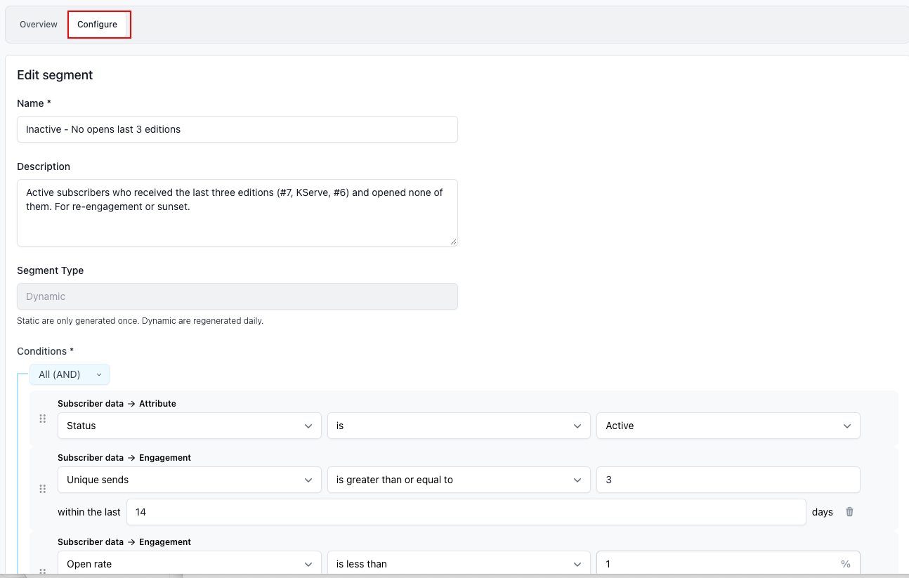 Beehiiv segment configuration page with subscriber engagement conditions
