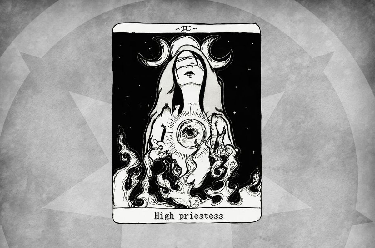 Line drawing of a High Priestess Tarot card. The image depicts a blindfolded woman rising from flames in front of the moon.