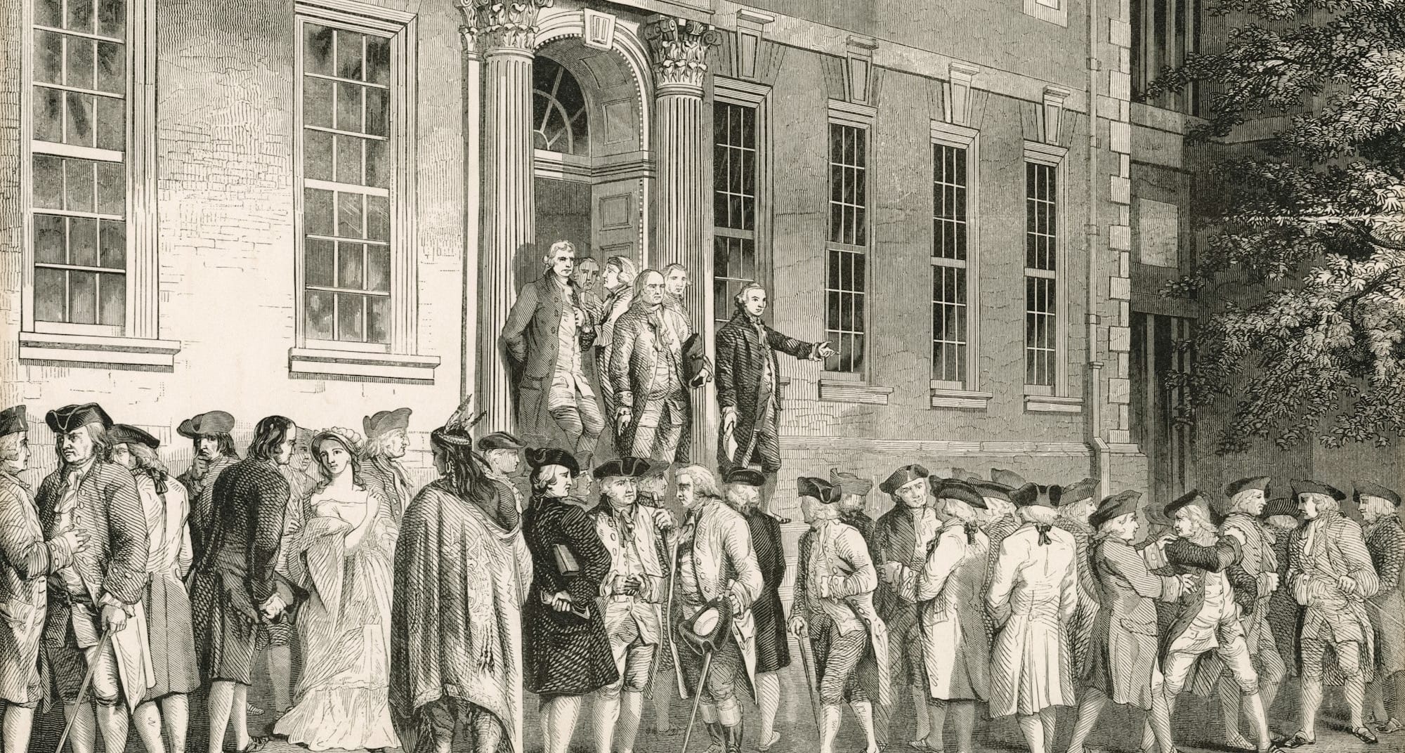 Men gather outside a grand building with classical architecture.