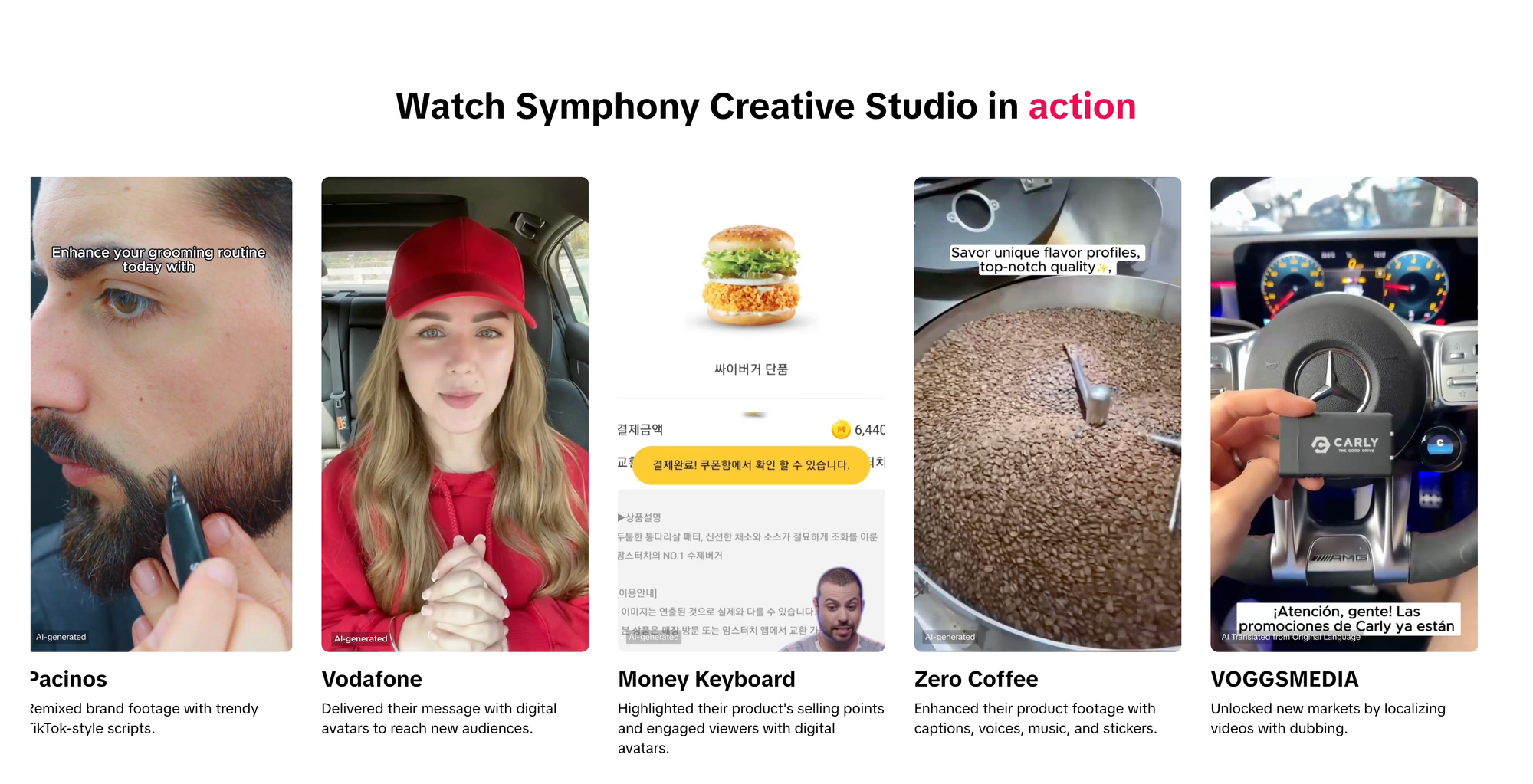 TikTok Symphony Creative Studio examples showing AI-generated and remixed video ads with avatars, localized dubbing, captions, scripts, and product-focused short-form creative.