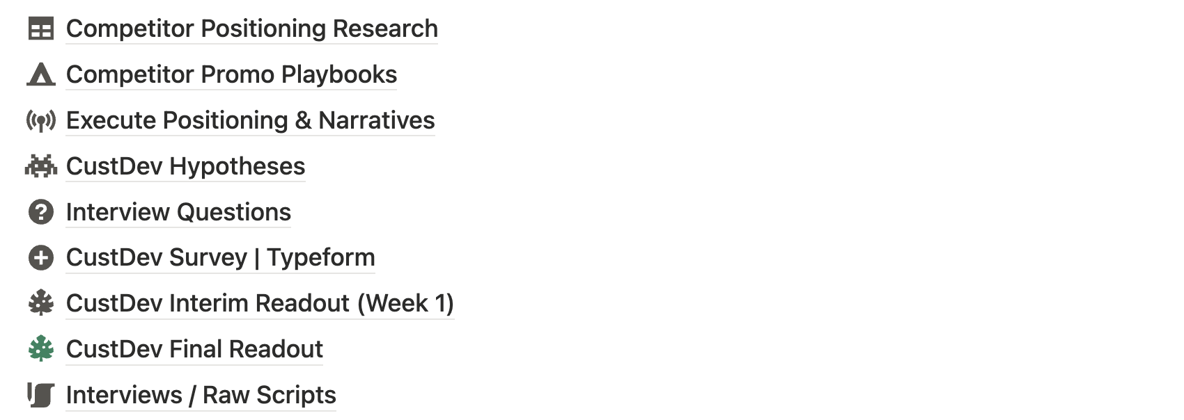 Screenshot of a CustDev research workspace showing project materials, including competitor positioning research, promo playbooks, positioning and narrative documents, CustDev hypotheses, interview questions, survey, interim and final readouts, and raw interview scripts.