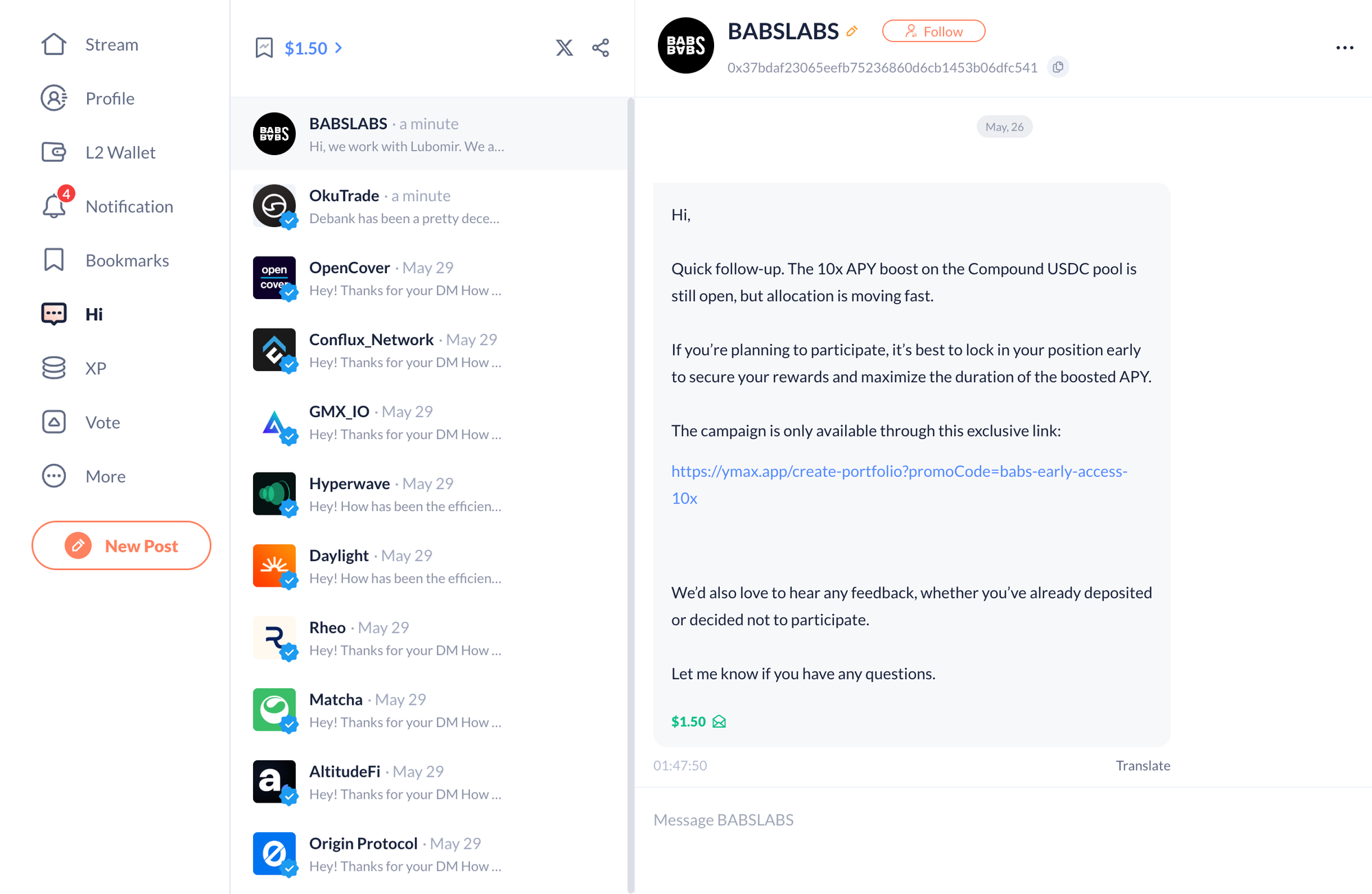 Screenshot of a DeBank inbox showing multiple project messages on the left and an open DM from BABSLABS on the right. The message follows up on a 10x APY boost for a Compound USDC pool, says allocation is moving fast, and includes an exclusive campaign link for early access.