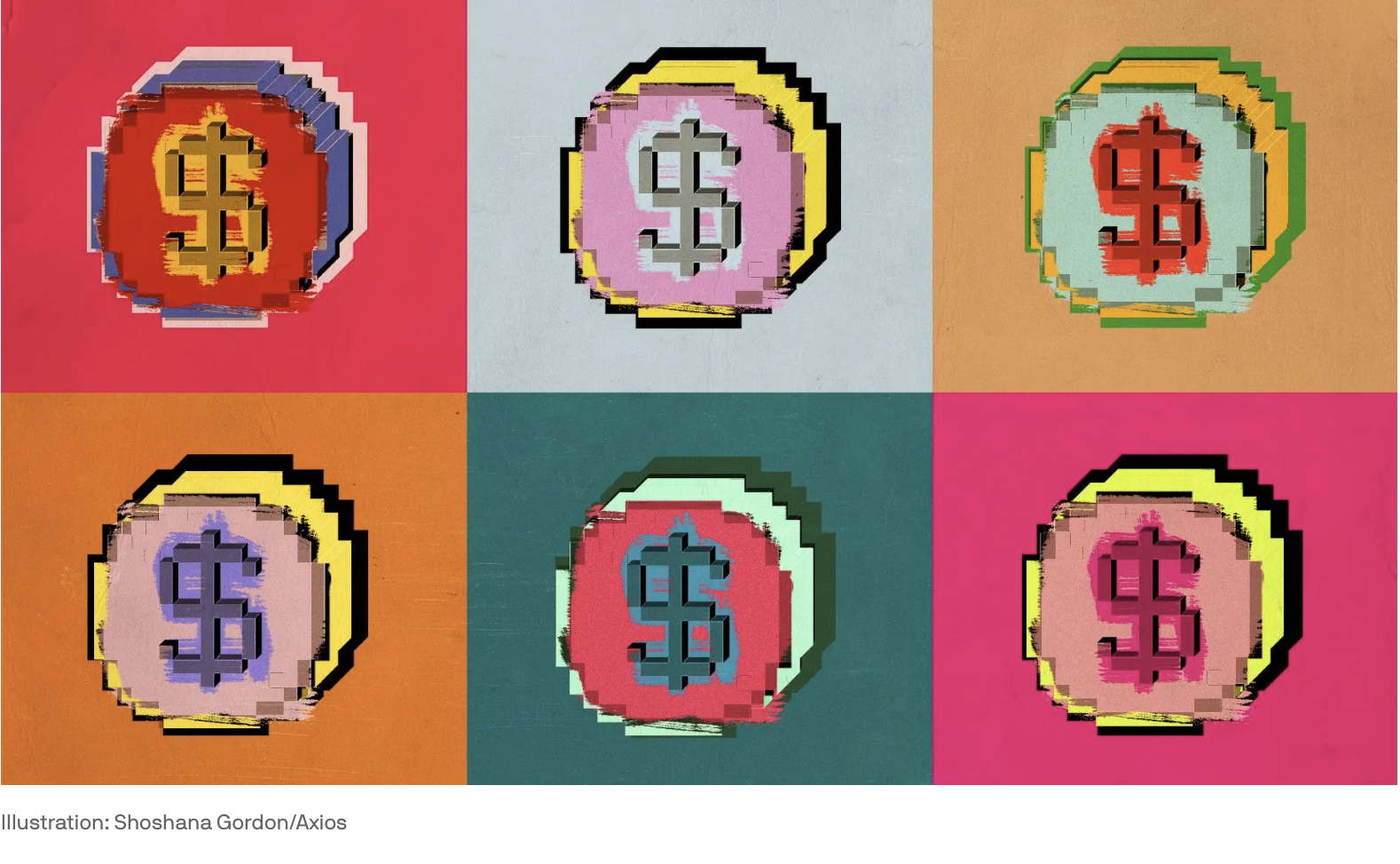 A six-panel pop-art illustration of pixelated coins with dollar signs, each rendered in different bright color combinations.