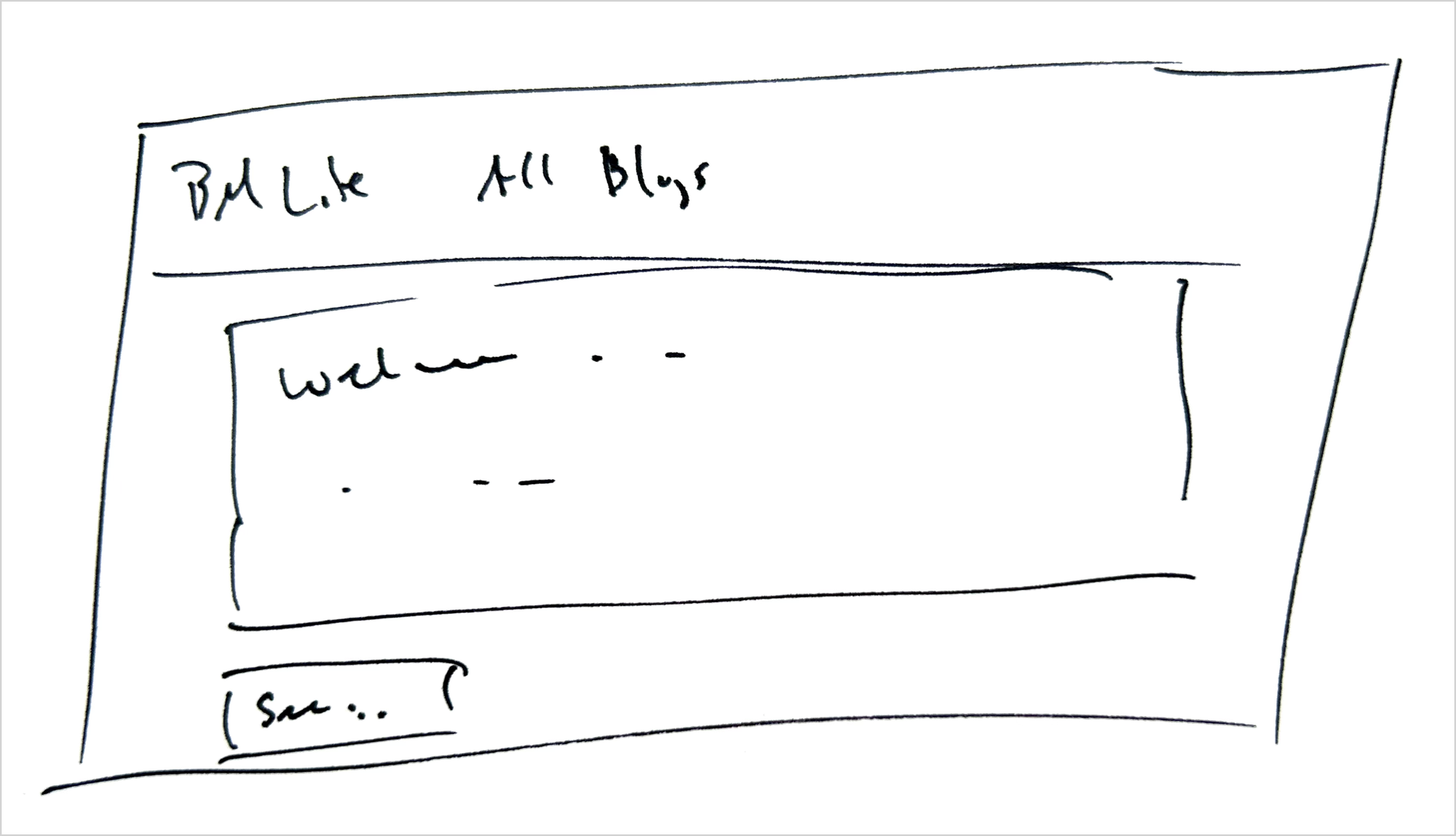 Sketch with nav bar at top, with a bottom border. Main content is in a box, with a single button below the box.