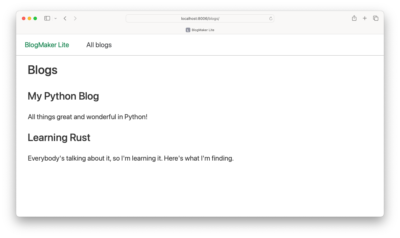 blogs page with a navigation bar and text that uses default styling from chota.css