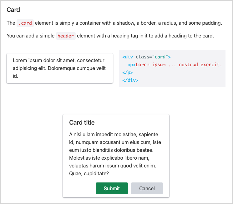 screenshot of chota's documentation for cards, showing two examples