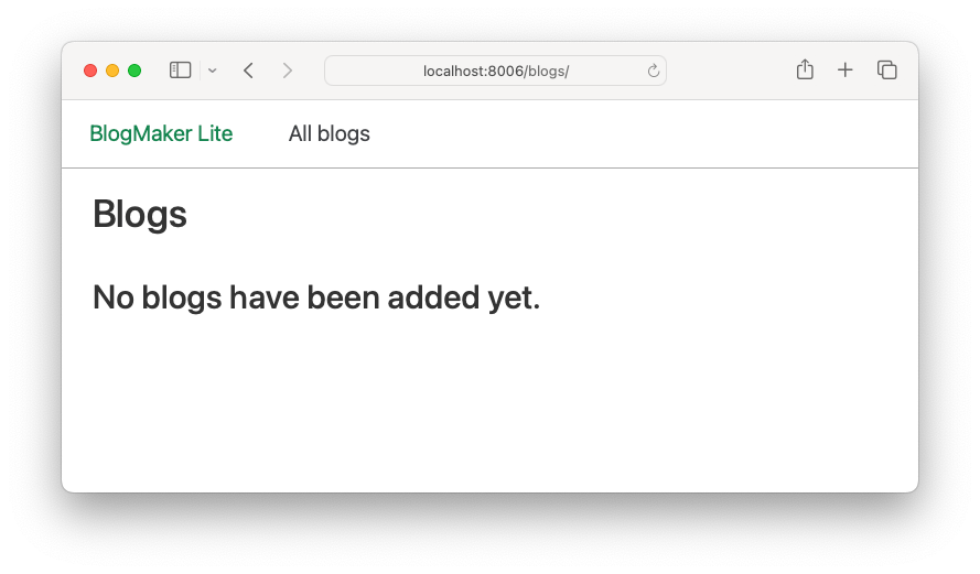 All blogs page, showing message "No blogs have been added yet"