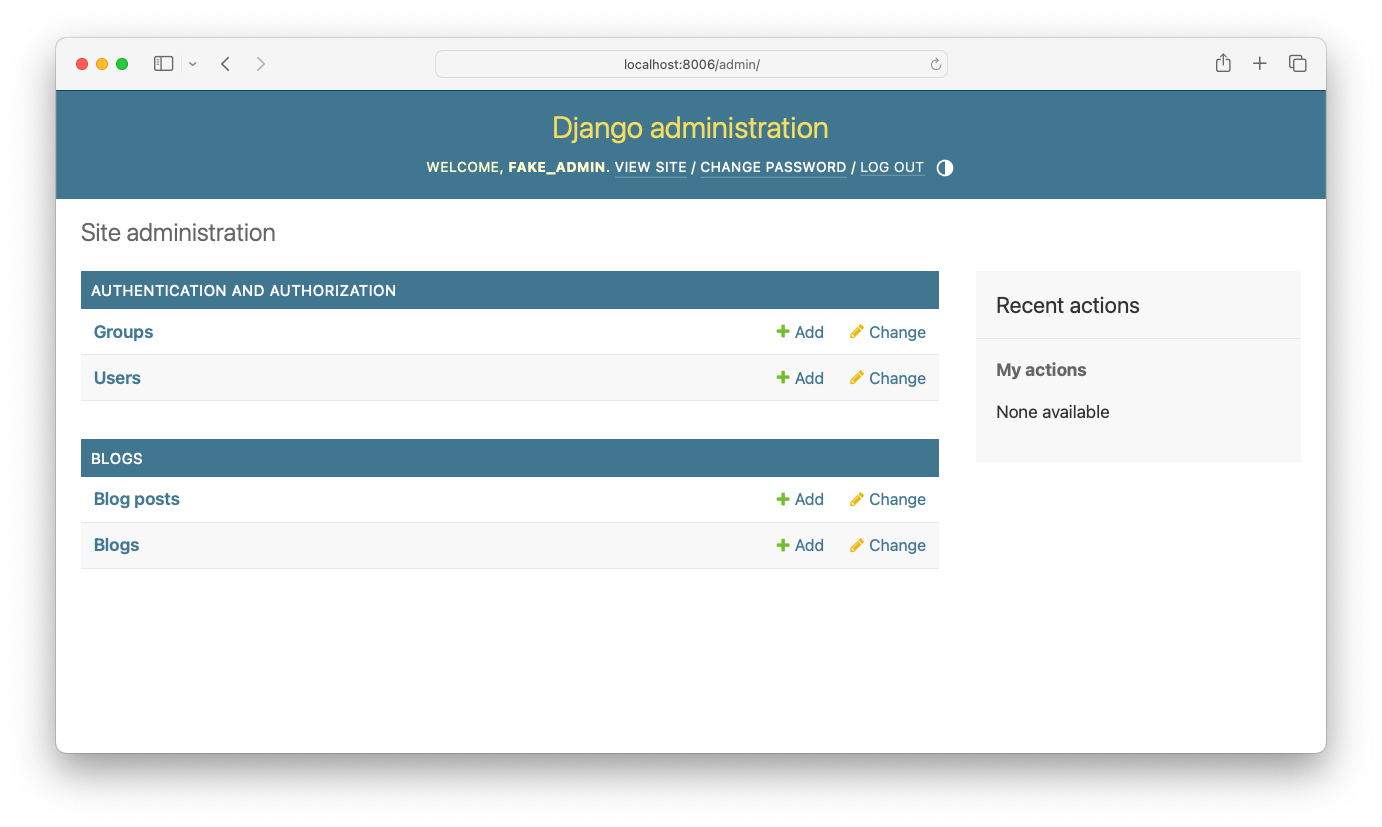 Django admin page reading "Welcome, FAKE_ADMIN."