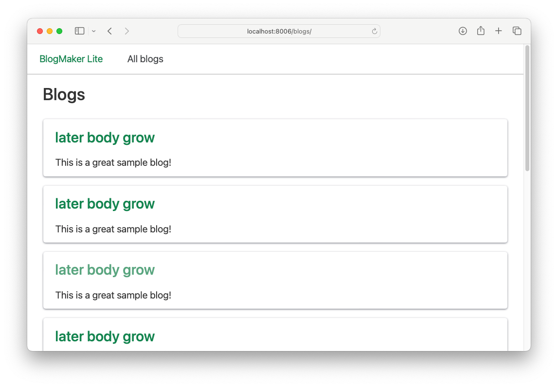 blogs page, showing multiple blogs with the name "later body grow"