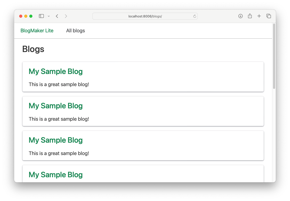 blogs page, showing multiple blogs named "My Sample Blog"