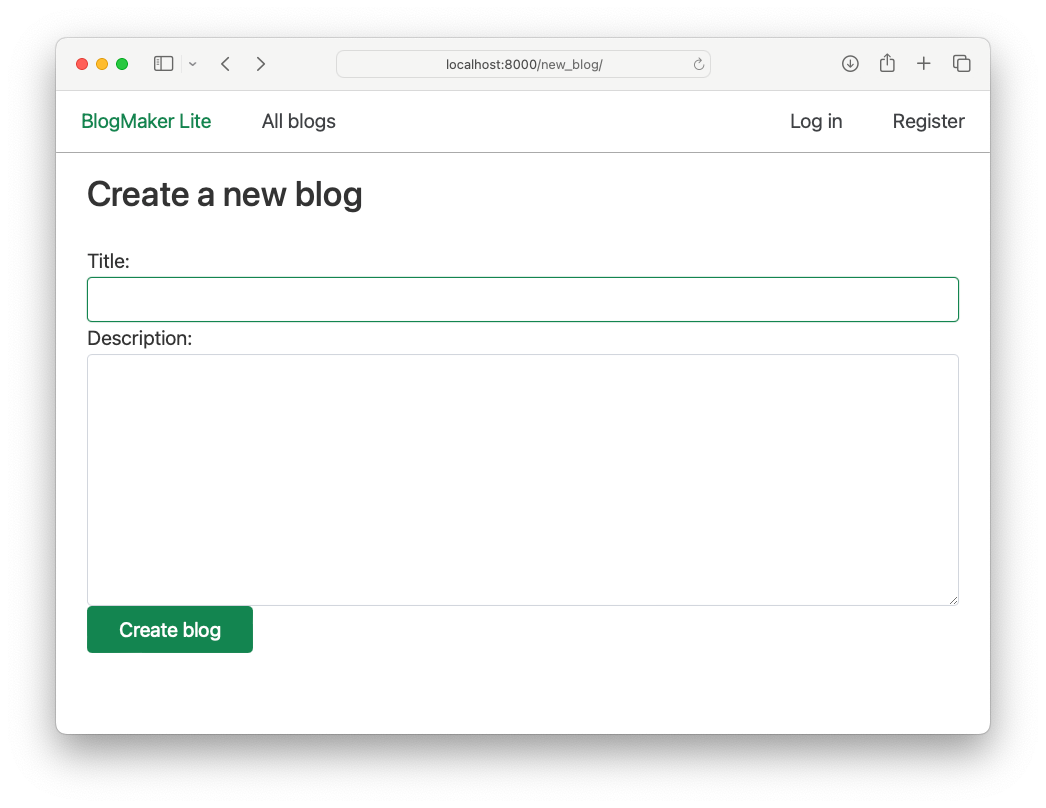 `new_blog` page with Log in and Register links visible