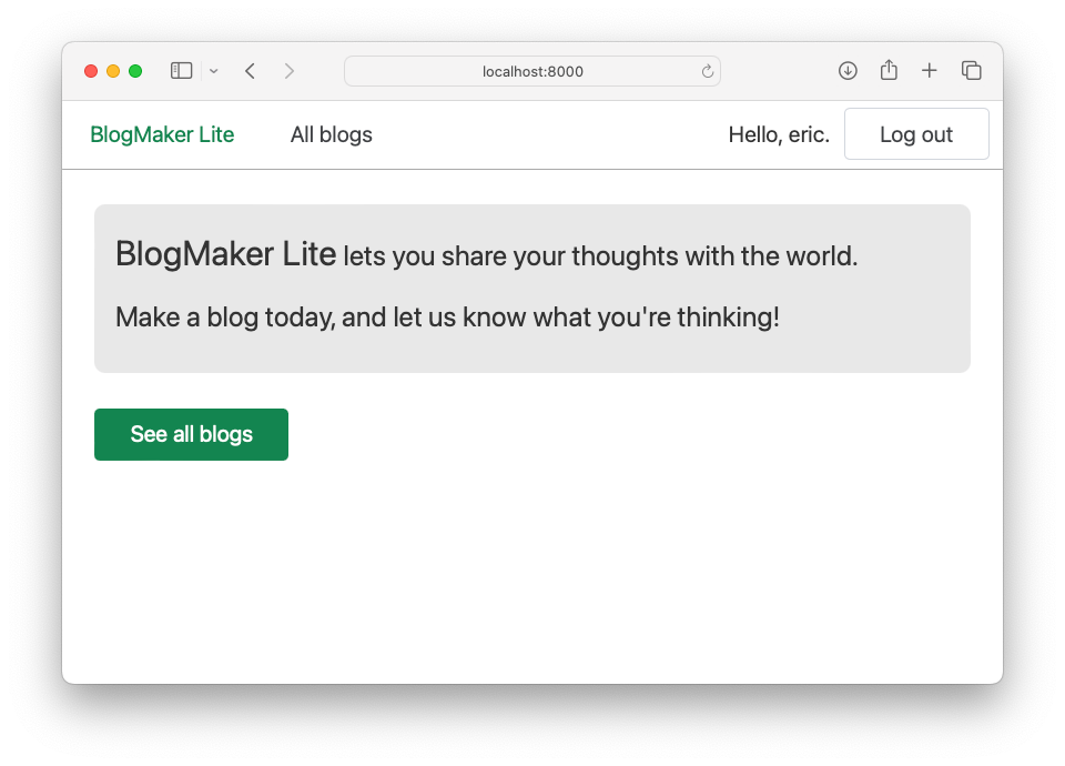 home page showing message "Hello, eric." and logout button
