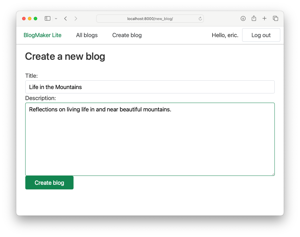 form with title and description fields, and button reading "Create blog"