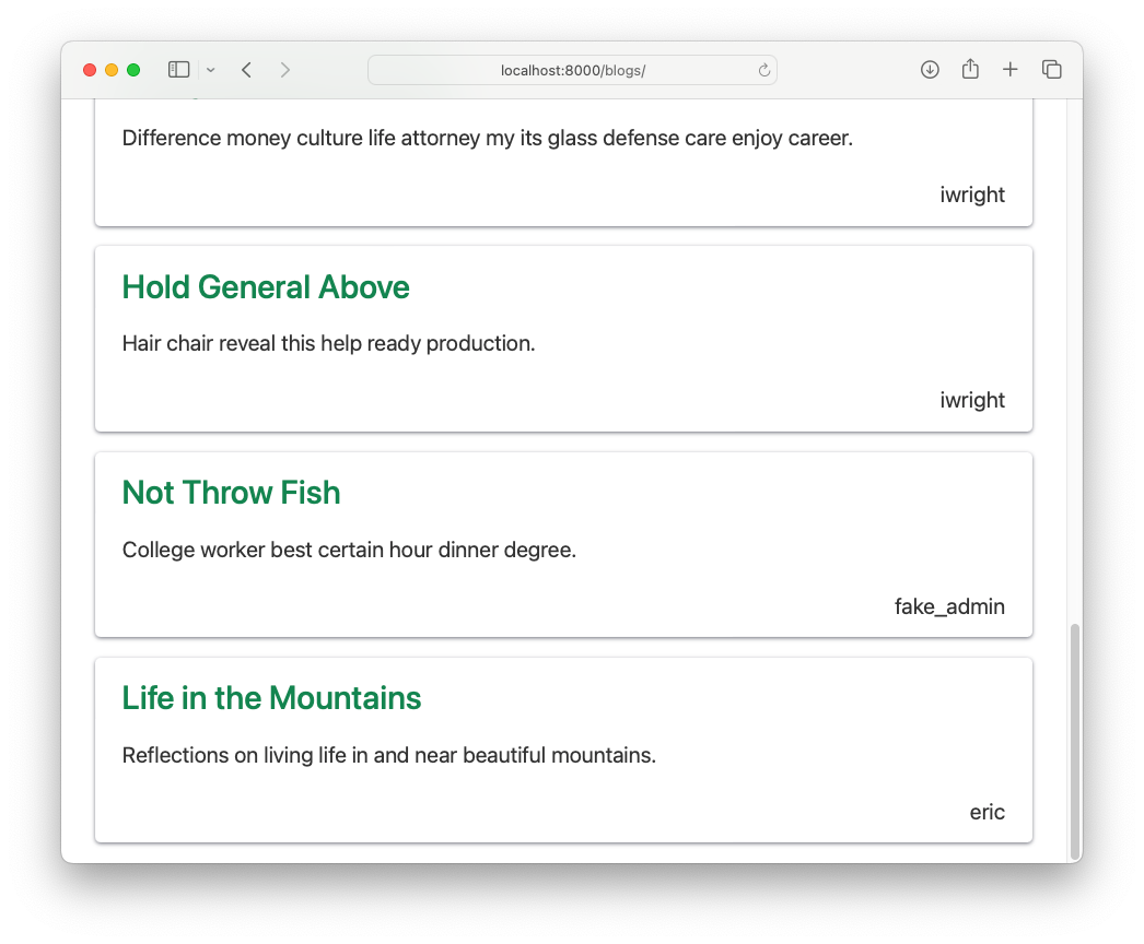 browser window scrolled to end of blogs page, with freshly-created blog assigned to the current user