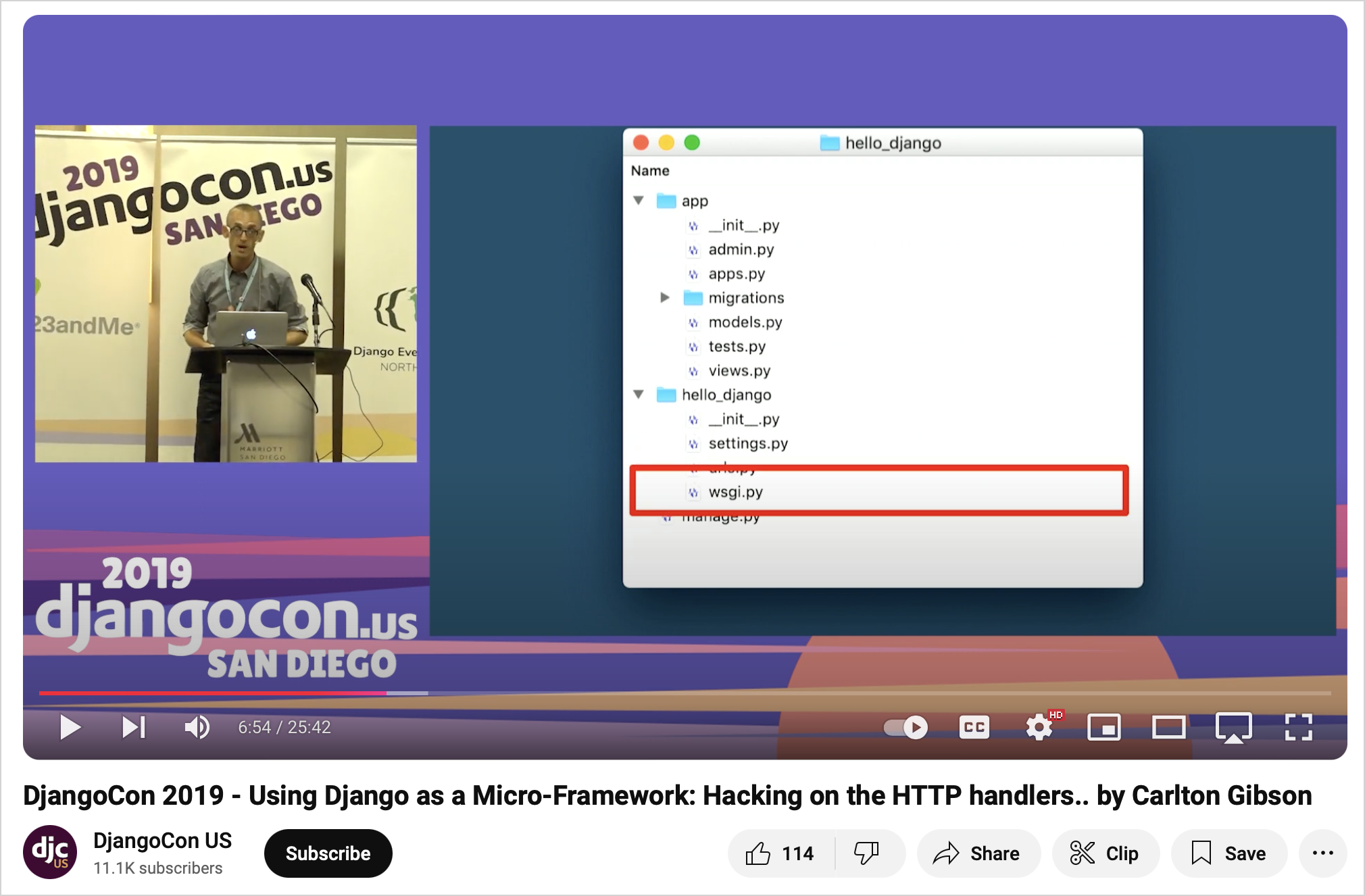 Carlton at a podium on the left. On the right, all the files and folders in a standard Hello World Dango project shown in a file browser