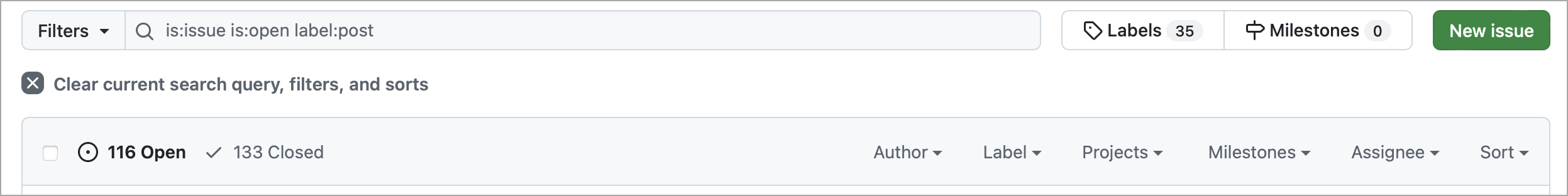 GitHub issues page filtered on open issues with label "post"