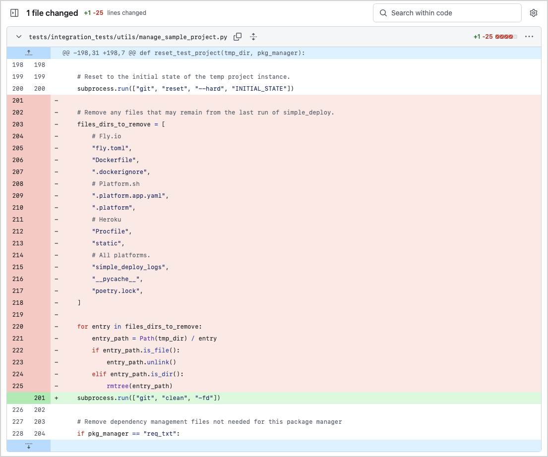 GitHub screenshot showing one new line replacing 25 existing lines