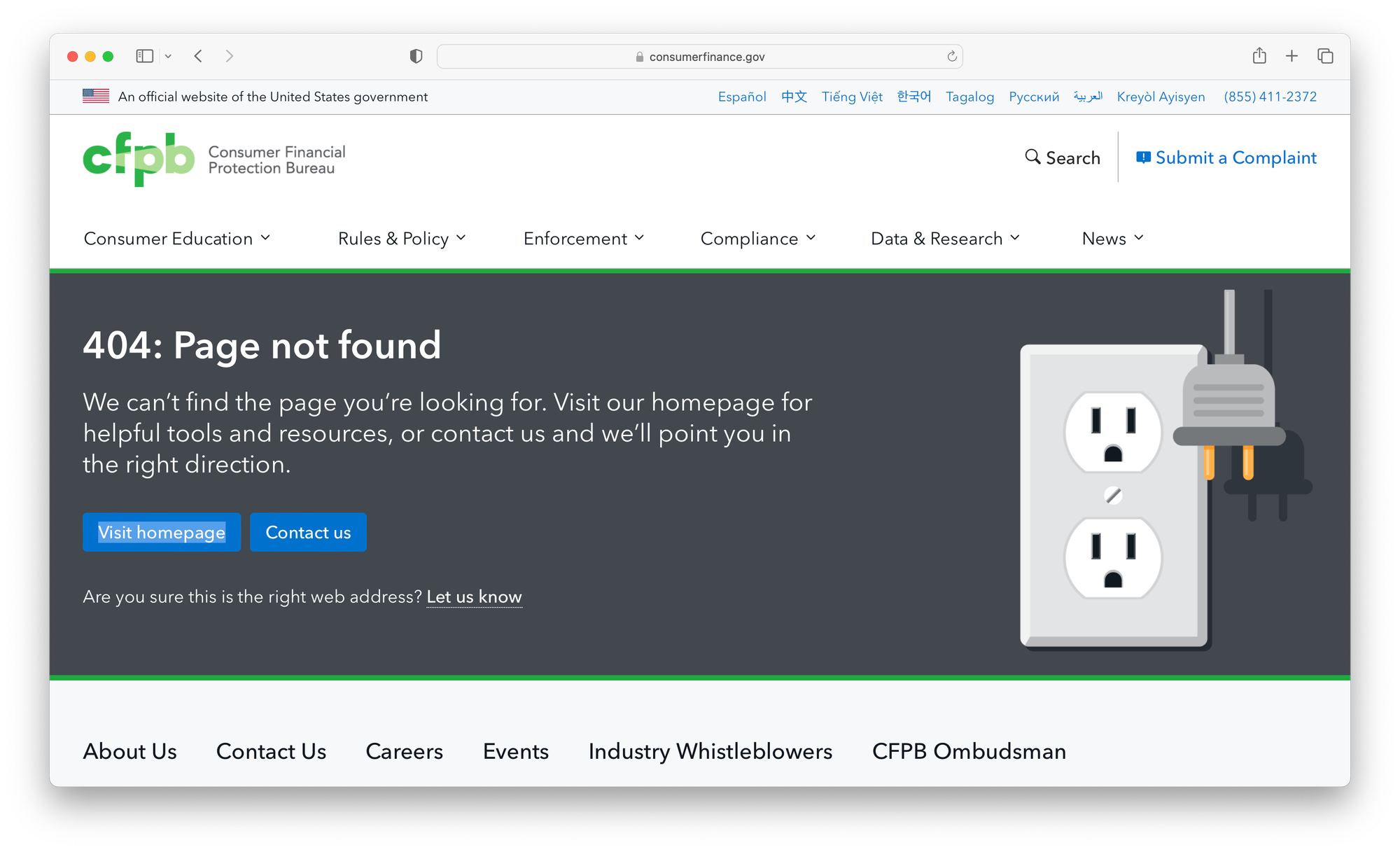 CFPB home page, showing a "404: Page not found" message, and a graphic of a plug hanging beside an empty electrical outlet.