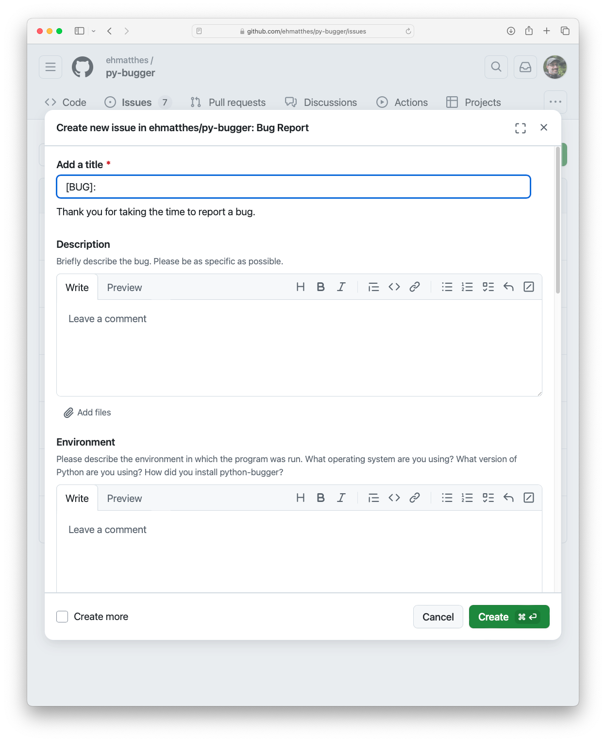 GitHub issue template with sections title, description, and environment. Each section has prompts for more specific information.