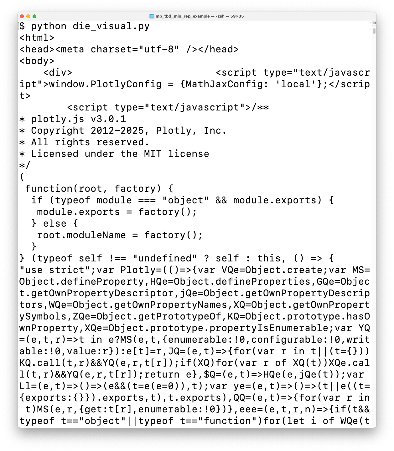 Terminal showing a bunch of HTML and JavaScript.