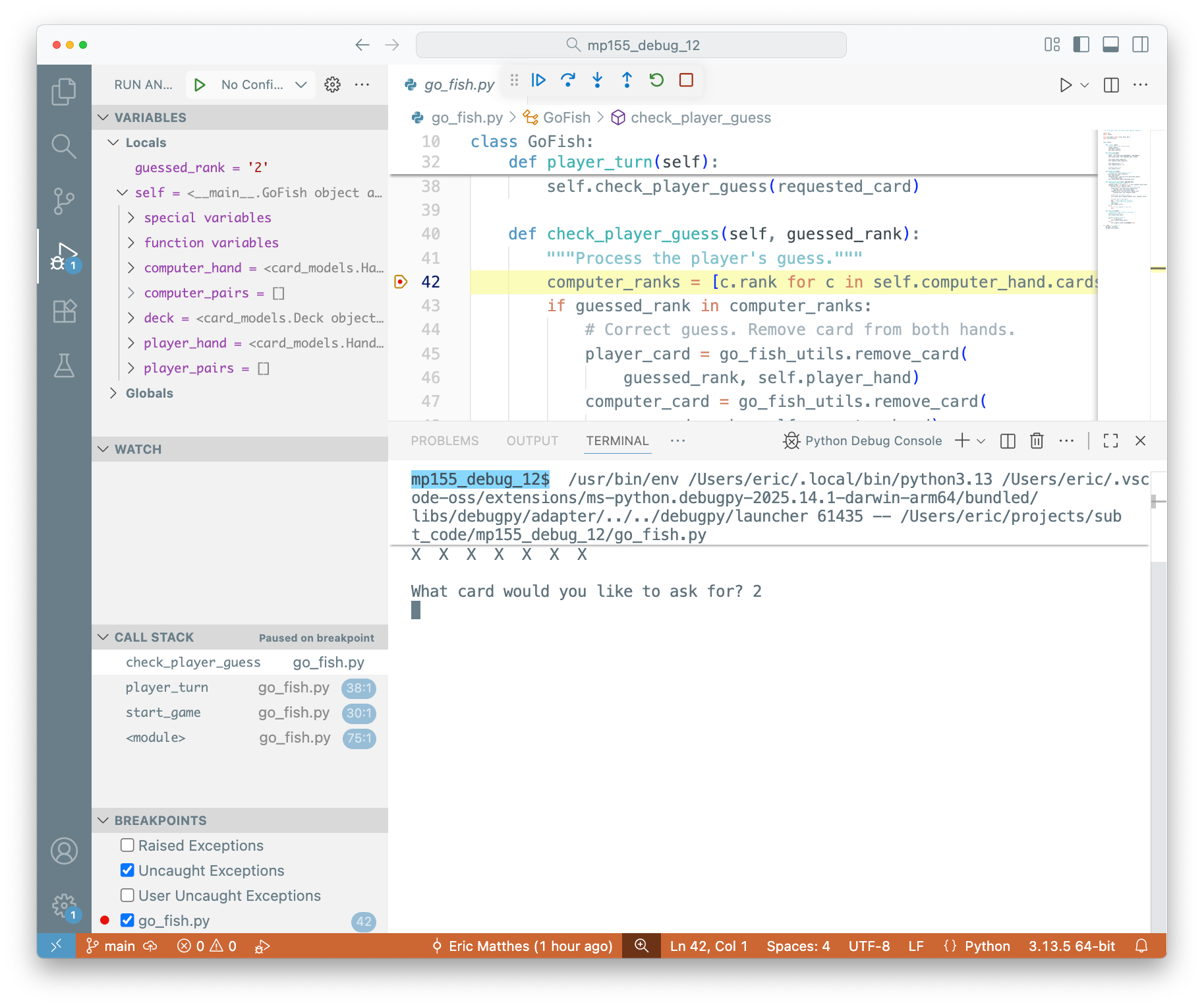 Debugging session showing the values of variables like guessed_rank, computer_hand, computer_pairs, and more