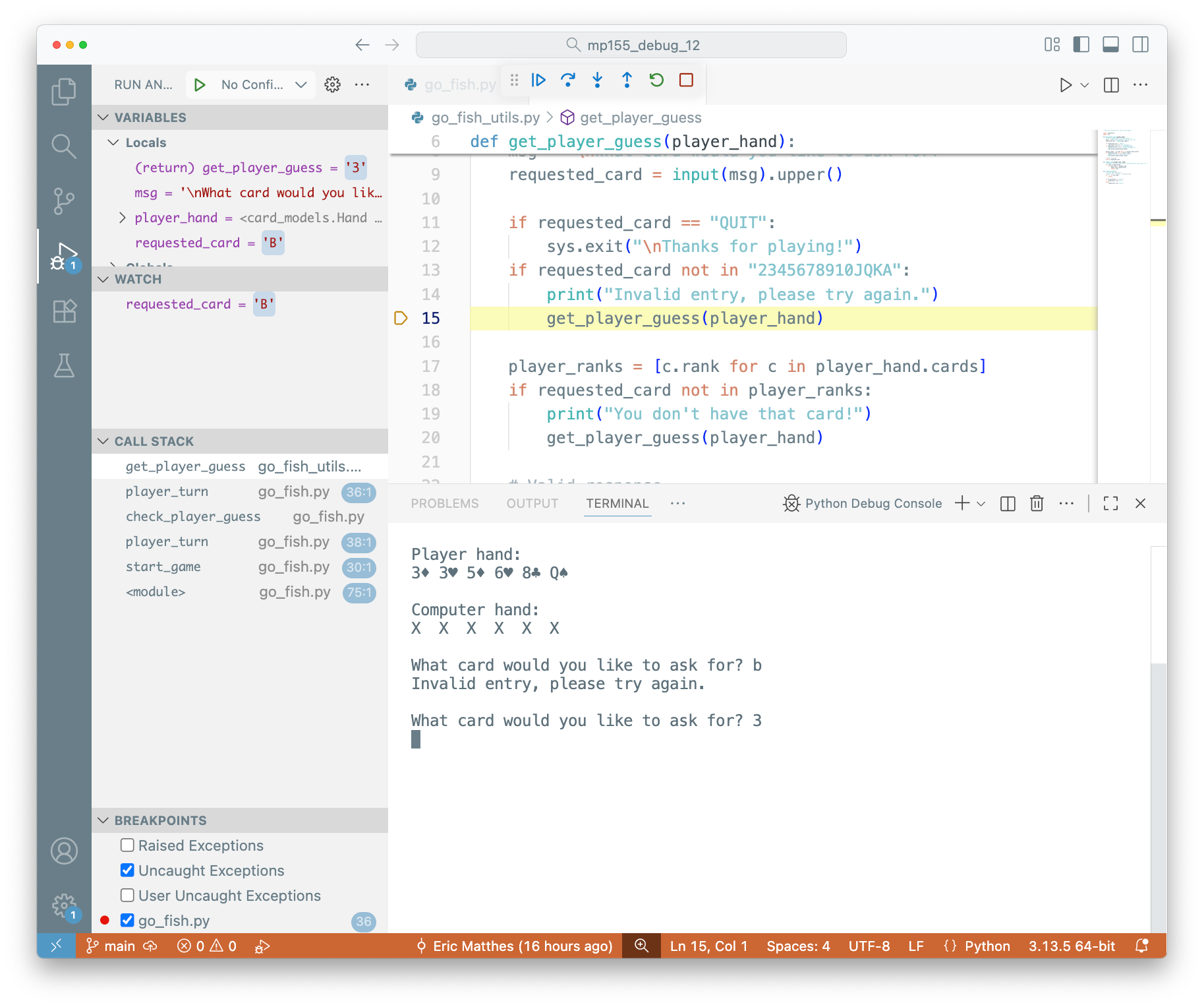 debugging session showing execution back in get_player_guess(), where the value of requested_card is B