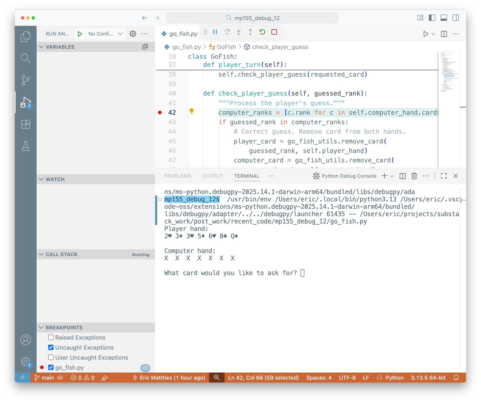 VS Codium work session showing the debugging pane open, with a breakpoint at line 42 of go_fish.py