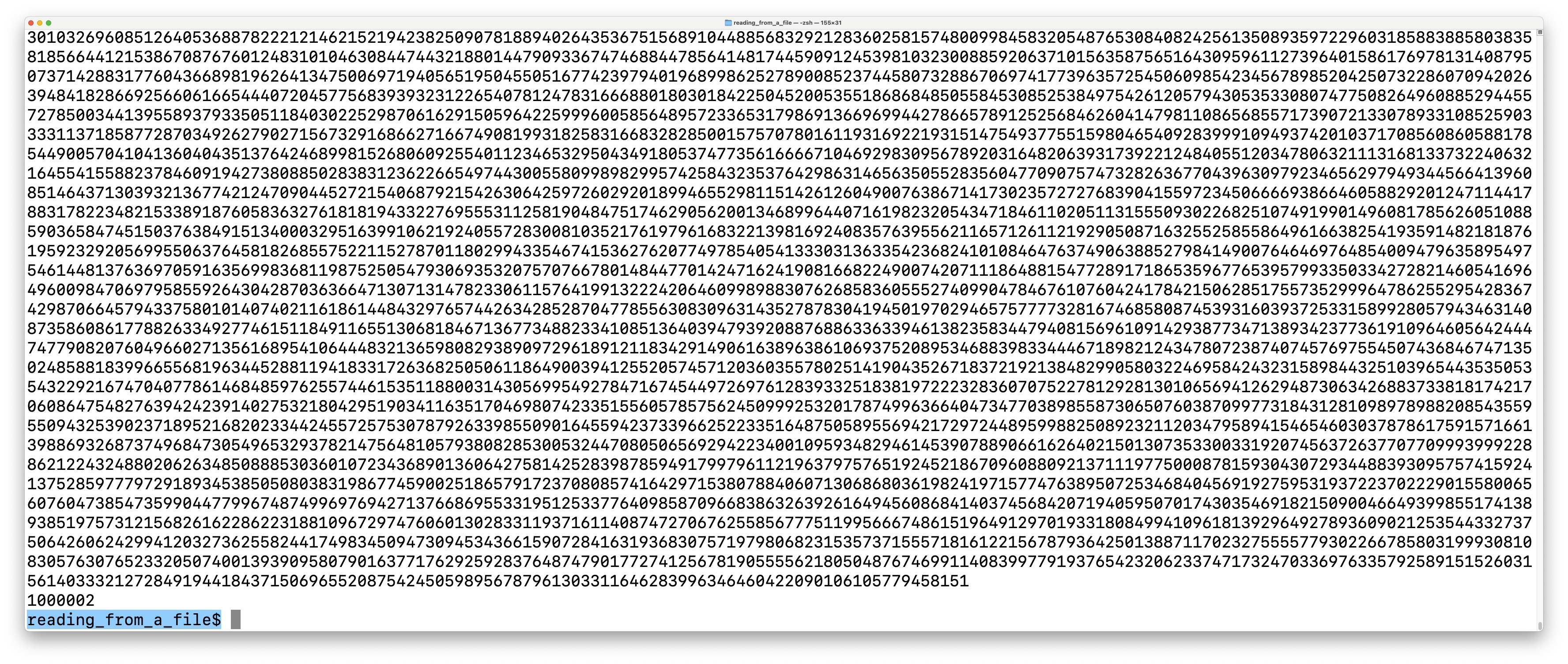 terminal output showing the last 20 lines or so of the first million digits of pi